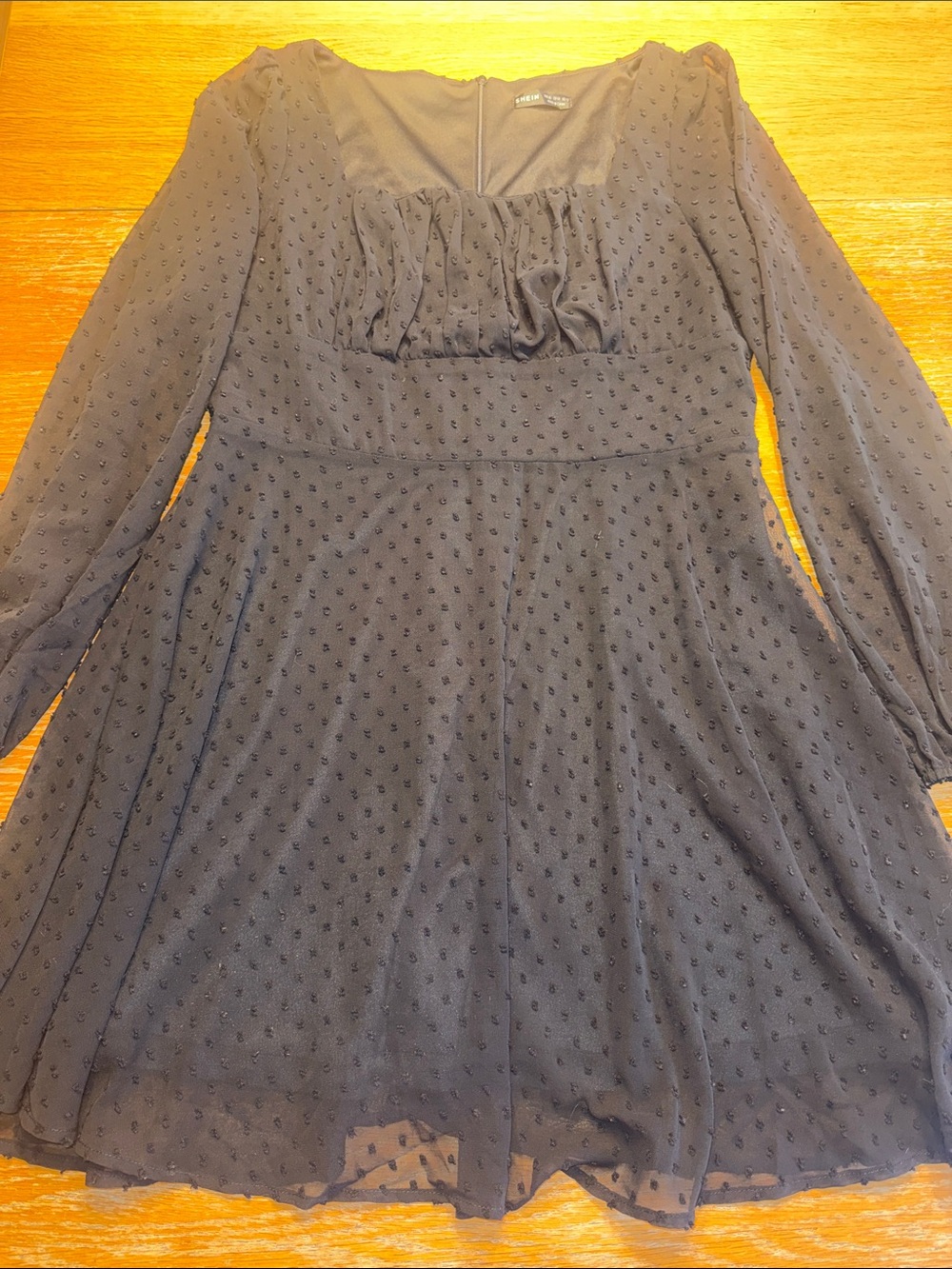 SHEIN Black Long Sleeve Swiss Dot Fit & Flare Dress